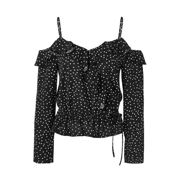 Cold Shoulder Ruffled Dots Blouse - Picture 4 of 6